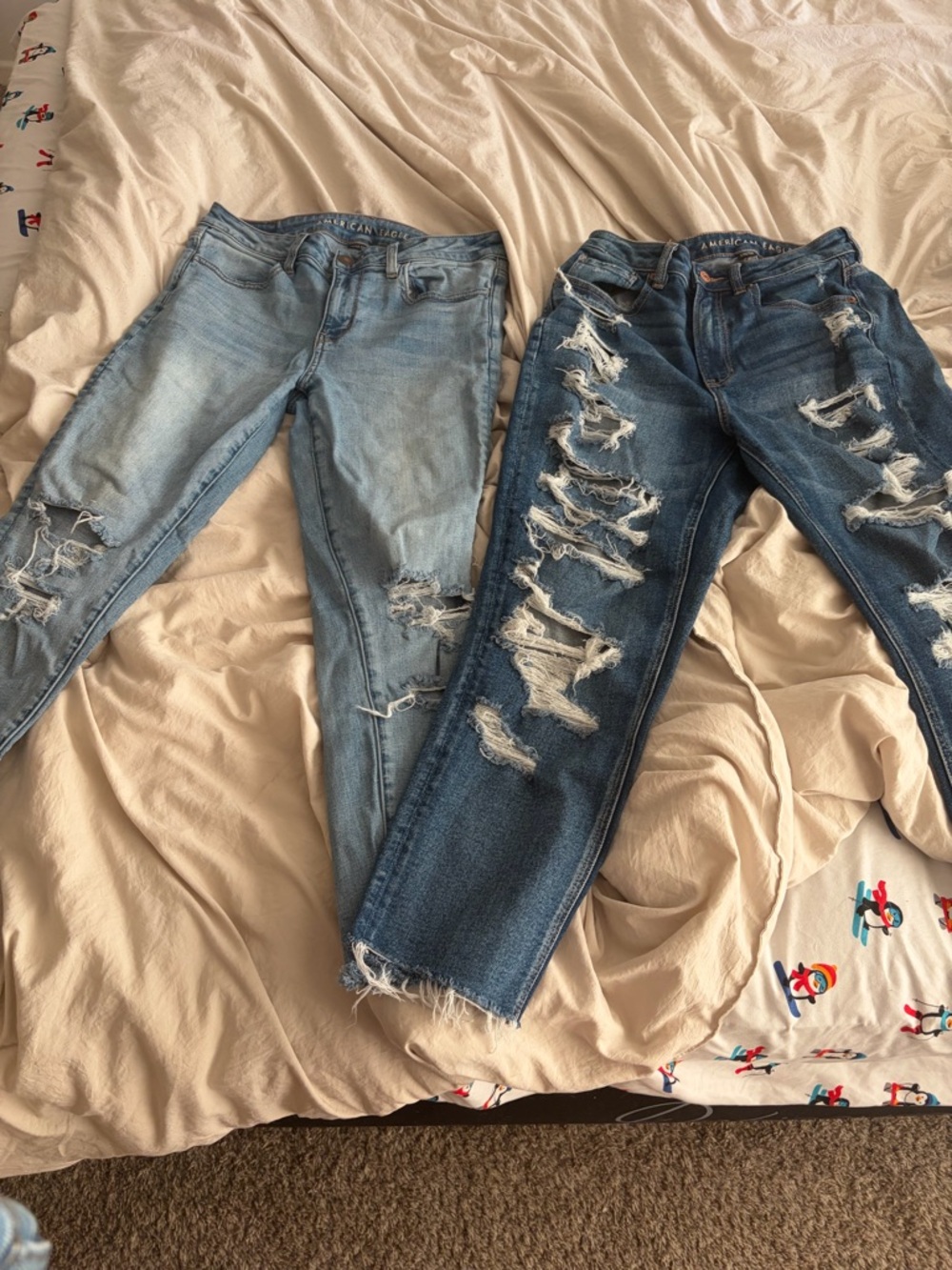 American Eagle Outfitters Distressed Straight Leg Jeans - Light Blue & Dark Blue